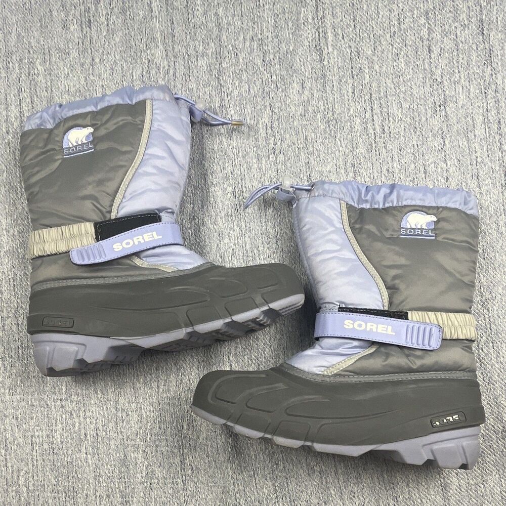 Sorel Flurry Kids Winter Boots Size 7 Youth Women 8.5 9 Grey Purple Waterproof